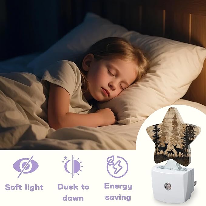 Deer Forest Night Lights Plug Into Wall Decorative,Rustic Woodland Nightlight with Dusk Sensor for Bathroom,Kitchen,Entryway,Room Accent,Gifts