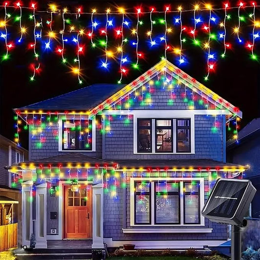 Sherno 1Pcs LED Solar String Lights, 8 Modes Icicle Curtain Lights, Outdoor Fairy Lights for Christmas, Garden, Party Decoration (Multicolor, 137.8inch 96LEDs)