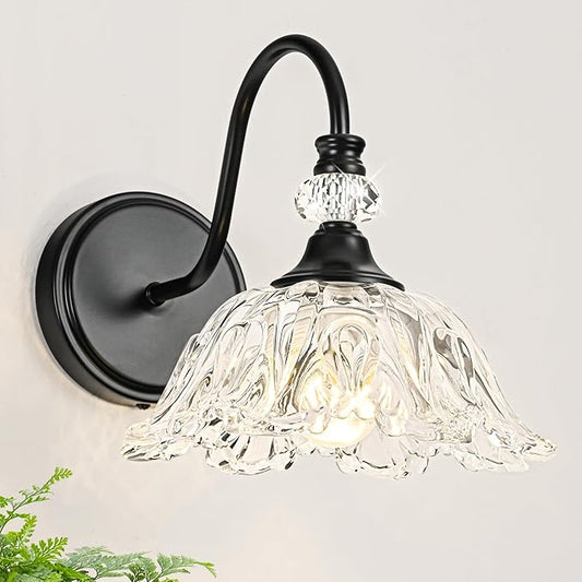 1 Piece Black Wall Sconce with Floral Clear Glass Shade, Black Farmhouse Wall Mount Lighting for Bathroom,Vintage Bathroom Vanity Light Fixture