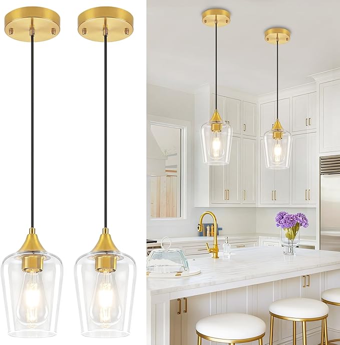 2-Pack Brushed Gold Pendant Lights Kitchen Island, Modern Glass Pendant Lighting Over Island Kitchen Hanging Light Fixtures Hallway Pendant Lights for Bathroom Dining Room Entryway Foyer Bedroom