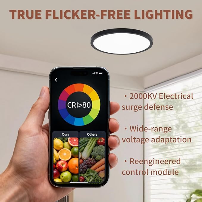 8.66 Inch Flush Mount Ceiling Light, 5CCT Selectable (2700K-6500K), 18W 2160LM Integrated LED, Tool-Free Installation for Kitchen Bedroom Hallway Closet, Black (6-Pack)