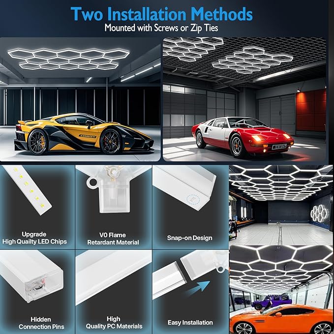 14-Hexagon LED Garage Light, 600W 60,800LM Honeycomb Ceiling Light with T5 Tube Rectangle, 6500K Ultra Bright Hexagon Light for Garage, Auto Detailing, Workshop (57PCS Panels)