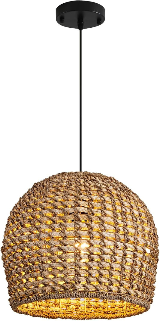 13.77" Brown Rattan Pendant Light Fixtures,1-Light Boho Seagrass Pendant Light,Hand Woven Water Plants Rattan Chandelier for Dining Living Bedroom Kitchen Farmhouse