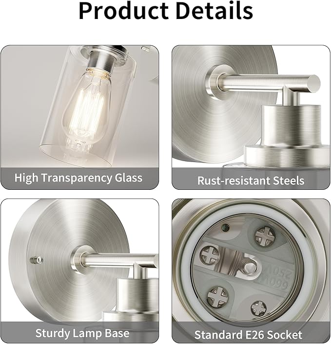 BUTHY Brushed Nickel Wall Light: LED Wall Sconces Indoor, Modern Sconces Wall Lighting with E26 Base and Clear Glass Shade, Wall Light Fixtures for Bedroom, Hallway, Mirror, Living Room