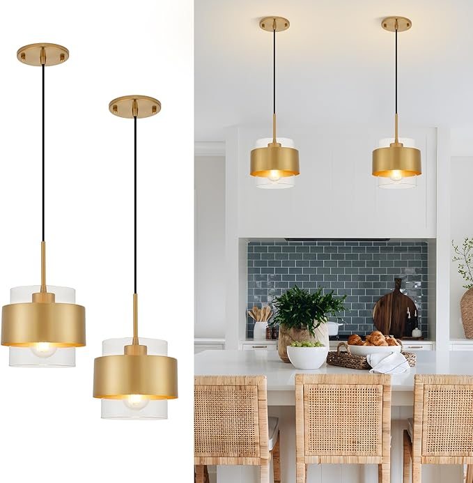 7" Modern Pendant Lights Kitchen Island, Gold Mini Pendant Light Fixtures with Clear Glass Shade, Adjustable Hanging Light Fixtures for Kitchen Island Restaurant Hallway,2 Pack