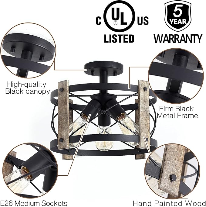 Bargeni Flush Mount Light Fixture,13-inch Rustic Ceiling Light Fixture,Matte Black Finish,3-Light Farmhouse Light Fixtures for Living Room,Kitchen,Bedroom,Dining Room,Foyer,Hallway