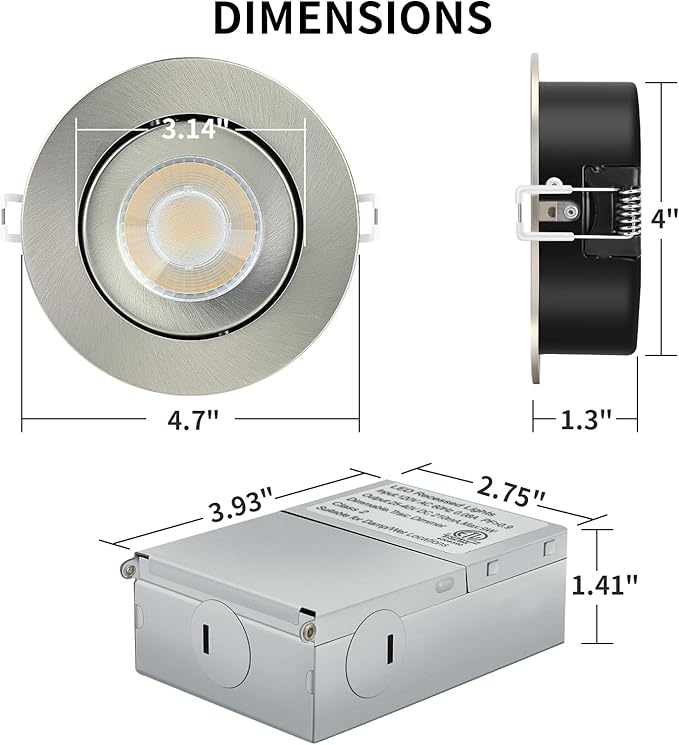 KnLnny Ware Brushed Nickel 4 Inch Gimbal Recessed Lights 6 Pack,Ajustable Recessed Lights,spot Lights Indoor with Junction Box,5CCT Selectable,9W 750LM,Dimmable