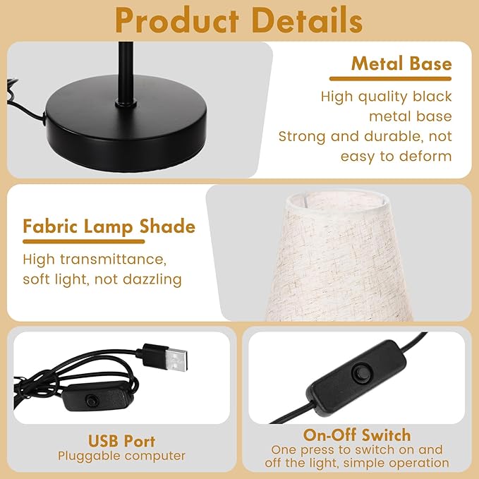 Gerrii 4 Pcs Small Bedside Table Lamp, Wooden Bedroom Tiny Lamp with Linen Shade, Mini Desk Night Light for Bedroom, Living Room, Kids Room Kitchen Counter(Black)