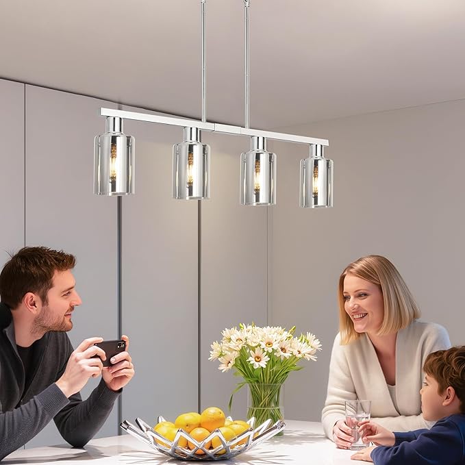 4-Light Kitchen Island Lighting, Chrome Dining Room Light Fixture/Island Light Over Table Hanging for Farmhouse Linear Chandeliers Rustic Ceiling Pendant Light Fixtures with Smoke Gray Glass Shade