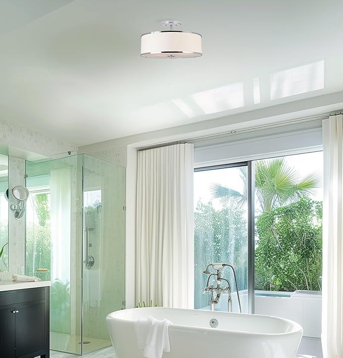 Kira Home Chloe 15" Retro Modern 3-Light Semi-Flush Mount Ceiling Light + White Drum Shade, LED Compatible, Round Tempered Glass Diffuser, Chrome Trim Finish