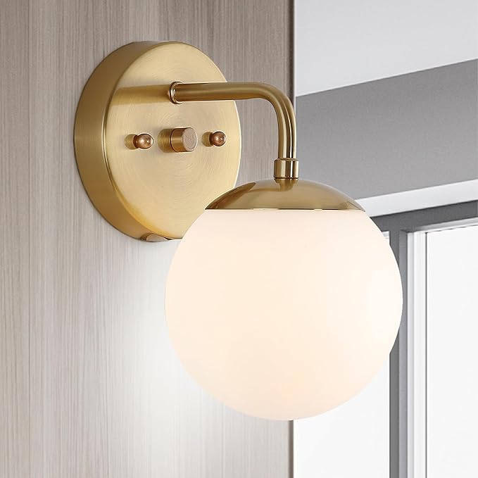 JONATHAN Y 5.75" Gold Painting Modern Globe Wall Sconce Vanity Light for Bathroom, White Frosted Glass Shade, Midcentury Parisian Bistro Wall Lamp, LED Bulb Included JYL3534A