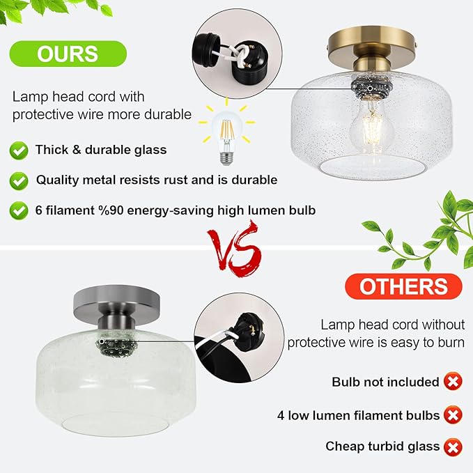 Tbaoinal Semi Flush Mount Ceiling Light Seeded Clear Glass Shade Matal Base, Inclede 900 LM LED Bulb, Low-Profile for Kitchen/Hallway/Entryway/Bathroom,Bronze Color