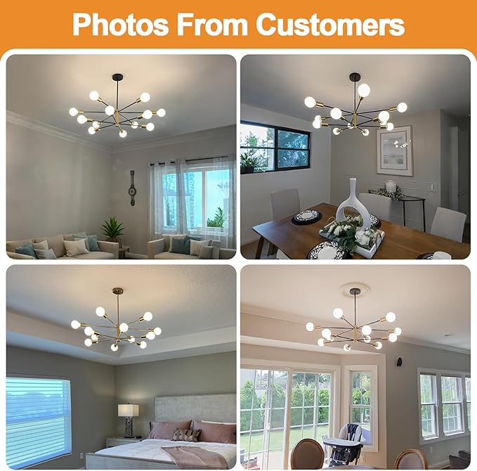 33" Modern Chandelier Ceiling Light Fixture, 12-Light Sputnik Chandeliers Brushed Gold and Black Mid Century Chandelier Over Table, Height Adjustable Chandeliers for Dining Room Living Room Kitchen