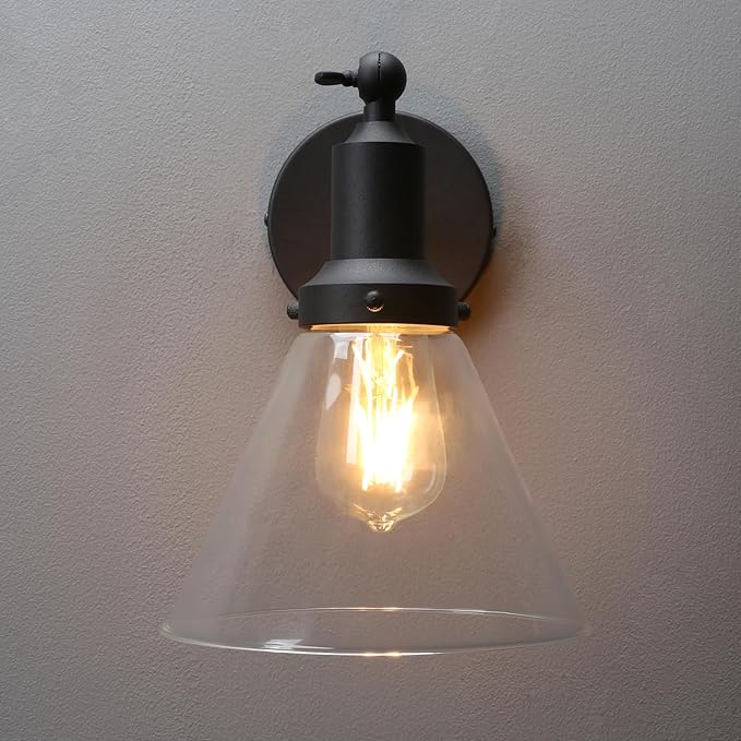 PERMO Industrial Vintage Slope Pole Wall Mount Single Sconce with Funnel Flared Clear Glass Shade Wall Sconce Light Lamp Fixture (Matte Black)