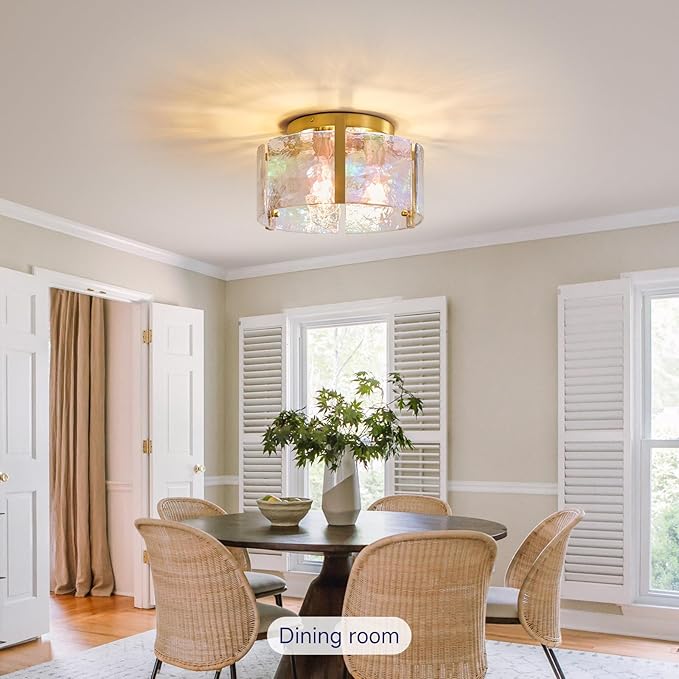 Brushed Gold Semi Flush Mount Ceiling Light Fixture, 14.1'' Modern Drum Glass Hallway Ceiling Light Fixtures, Mid Century Kitchen Lights for Entryway Foyer Dining Room Table Bathroom Bedroom Laundry