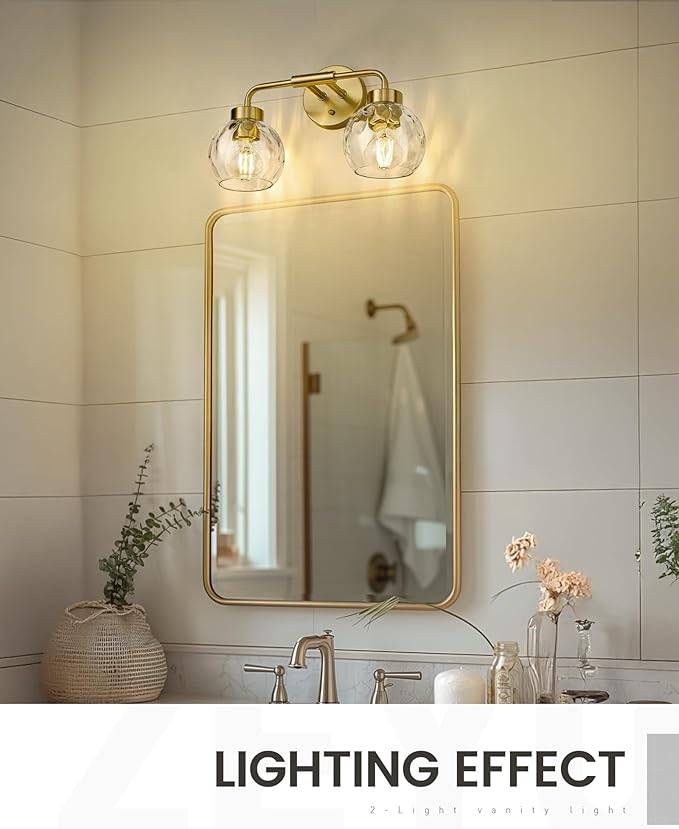 zeyu Globe Bathroom Vanity Light, 2-Light Vanity Light, Bathroom Lights Over Mirror with Water Ripple Globe Glass, Brushed Gold Finish, ZS62BG-2W BG-WG