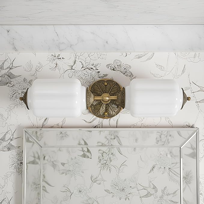 Milk Glass Bathroom Vanity Light - 2-Light Wall Sconce with Brass Finish Base & Green Glass Shade - Wall Sconce Lighting for Mirror, Kitchen, Living Room (White Glass with Gold Metal Accents)