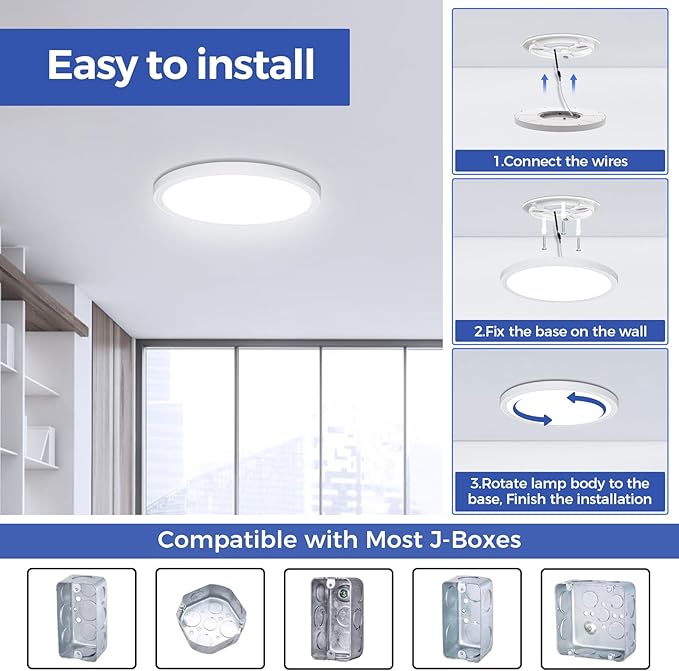 Flush Mount Ceiling Light Fixtures,24W Flat led Light for Ceiling,6000K 2200LM Ultra Thin Round White Lamp for Bedroom Kitchen,Bathroom,Garage,Living Room, Dining Room -2PCS