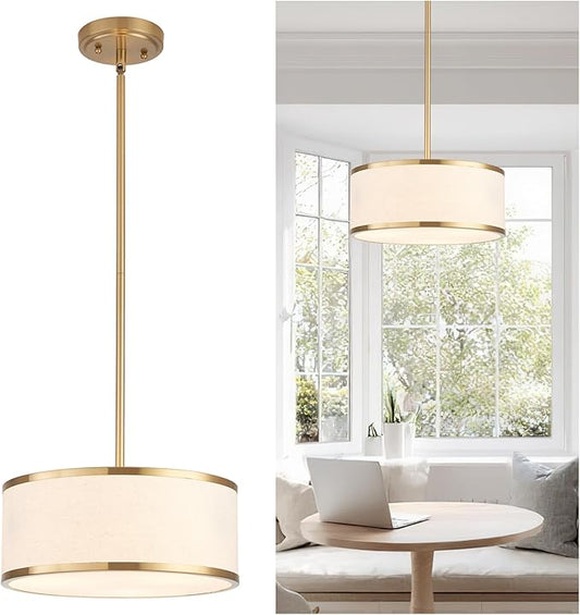 12.6" Drum Pendant Light Fixture 3-Light Gold Chandelier with Fabric Shade for Kitchen Dining Room Island Bedroom