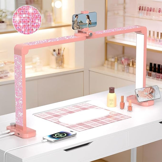 Half Moon Light for Nail Desk with Phone Holder, Large Square Nail Lamp for Desk, Professional Manicurist Desktop Lamp, LED Light Suitable for Manicures, Tattoos, and Sewing, Rhinestone Pink