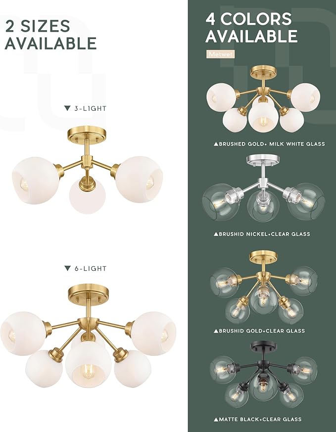 6-Light Semi Flush Mount Ceiling Light, 22" Modern Light Fixtures Ceiling Mount with Globe Milk White Glass Shade, Brushed Gold Light Fixtures for Kitchen Entryway Bedroom, SM195-BG-ML-6