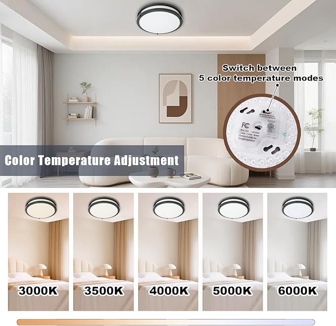OOWOLF 36W Flush Mount Ceiling Light Fixture, Dimmable & 5CCT Ceiling Light, 3000K 3500K 4000K 5000K 6000K Warm White/Daylight/Cold White Adjustable Ceiling Lamps Black, 12Inch