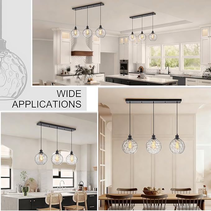 3-Light Black Island Lights for Kitchen, 31.5" Globe Pendant Light with Clear Hammered Glass Shade, Farmhouse Adjustable Hanging Light Fixtures for Dining Room Kitchen Island