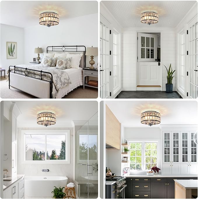 Black Chrome Crystal Ceiling Light, 4-Light 11.2 Inch Modern Flush Mount Chandelier, Crystal Flush Mount Ceiling Light Fixture for Bedroom, Kitchen, Bathroom, Hallway, Dining Room, Entryway