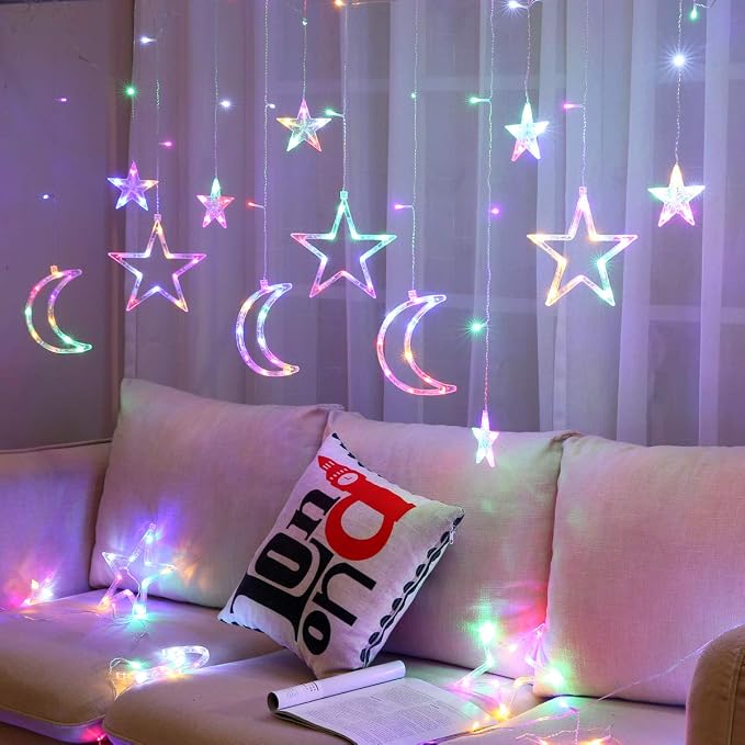 138 Led Curtain String Light Star Moon Icicle Light with 8 Lighting Modes with Timer Remote USB Operated Dimmable Fairy String for Window Wall Home Decoration