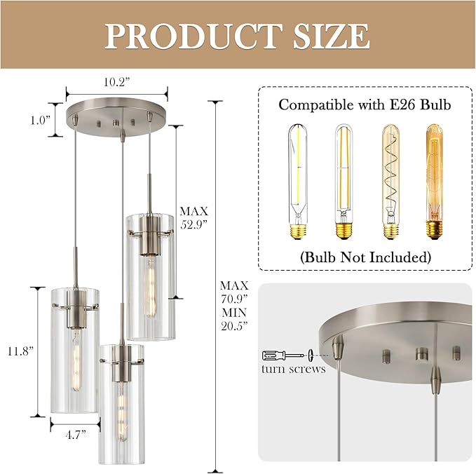Modern Cluster Pendant Lights, Brushed Nickel Cluster Chandelier with Clear Ribbed Glass, 3 Light Pendant Lighting for Kitchen Island, Staircase, Dining Room, Living Room