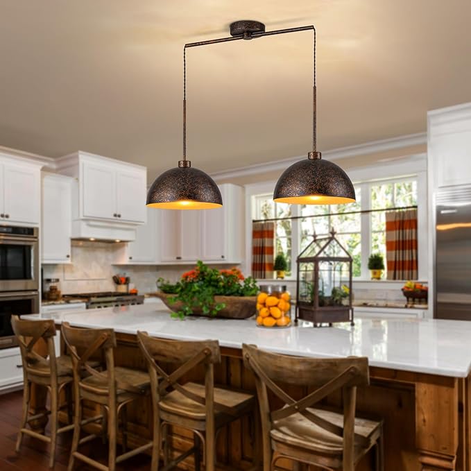 2 Light Copper Pendant Lights Kitchen Island, Farmhouse Dome Pendant Light Fixture with Metal Shade Adjustable Cord for Dining Room, Over Table