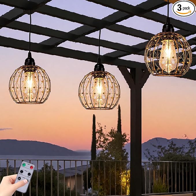 TWINKVILLA Hanging Pendant Lights, Battery Operated Outdoor Chandelier with Warm White LED Bulb for Patio Tree Pergola Gazebo Porch (Beaded Ball-ST58-3PK)