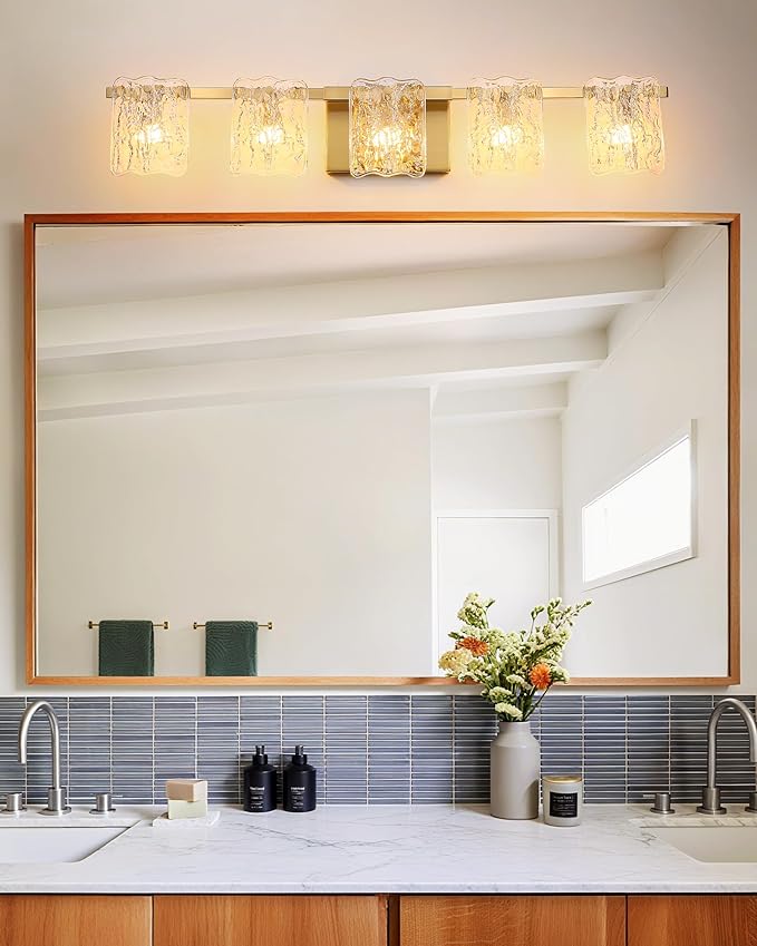 5-Light Bathroom Vanity Lights, 31" Brushed Gold Bathroom Light Fixtures Over Mirror with Clear Glass, Modern Bath Wall Sconce Lighting for Bath Restroom, OS-MM5002-5BG