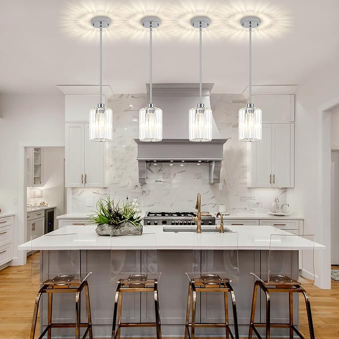 Chrome Crystal Pendant Lights Kitchen Island, Modern Kitchen Pendant Lighting Over Island Dining Room Light Fixtures Adjustable Hanging Pendant Light for Bathroom Hallway Entryway Bedroom Foyer