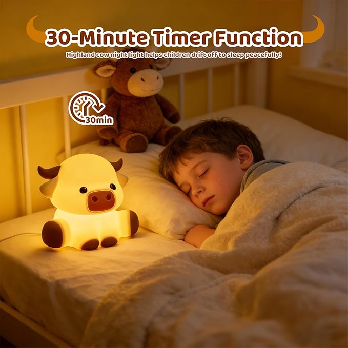 Cute Highland Cow Night Light, LED Touch Silicone Lamp for Bedroom with 7 Colors Timer and Dimmable Squishy Rechargeable Warm Light Night Lights, Animal Lamp for Bedroom Decor Birthday Gift