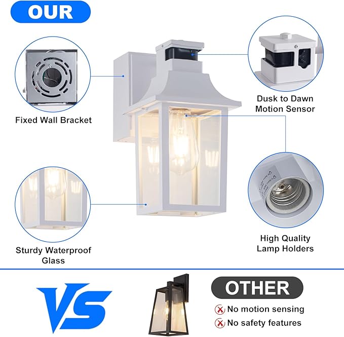 White Porch Light with GFCI Outlet & Motion Sensor, Dusk to Dawn Outdoor Wall Light, Waterproof Aluminum Exterior Light Fixture for Front Door, Garage, Patio(1-Pack)