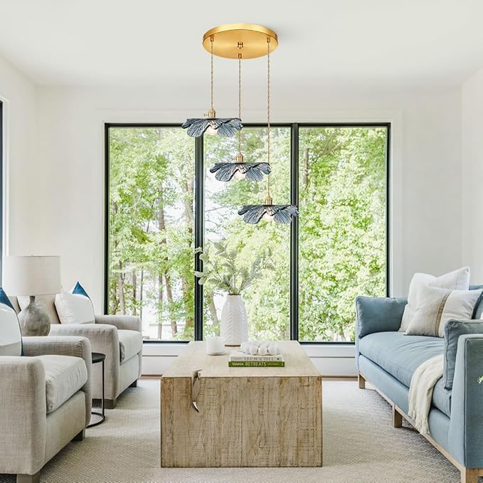 3-Cluster Chandelier Blue Glass Ceiling Pendant Light Fixtures Mid Century Adjustable Gold Brass Chandelier Lighting for Dining Room Living Room Kitchen, E26 Base