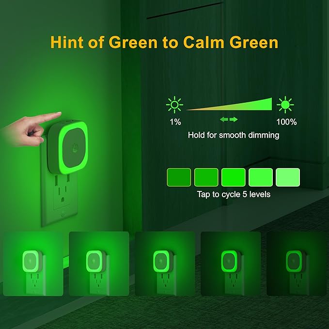 YUNLEX 2 Pack Plug in Night Light with Motion Sensor & Dusk to Dawn Sensor, 3 Sensor Modes, Auto ON/OFF, Dimmable Reflected Light, Calming Green LED for Home Office, Hallway, Bathroom, as Mother Gifts