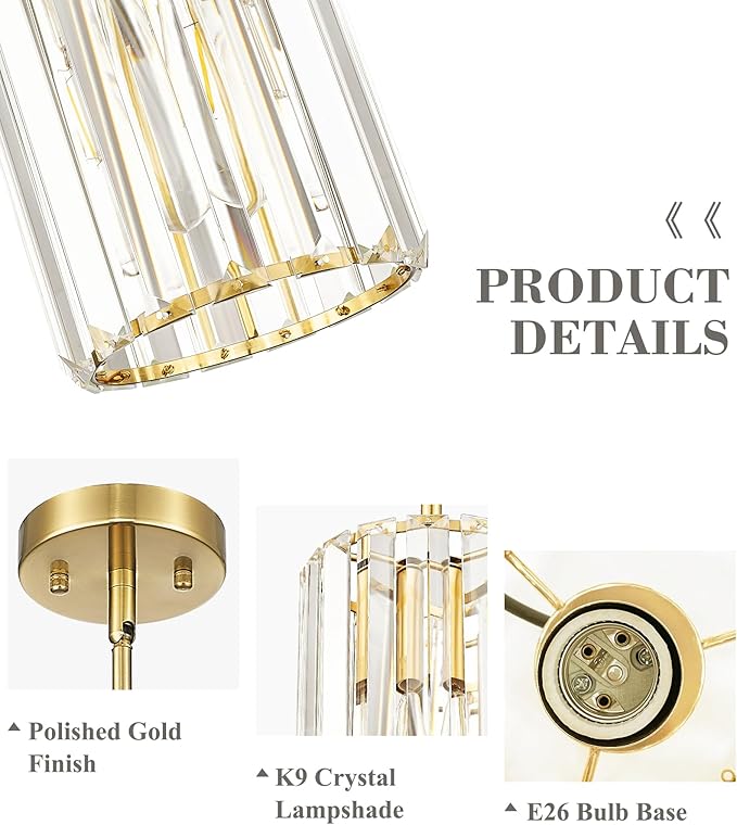 Crystal Pendant Lights, Hanging Light Fixture with Polished Gold Finish, Modern Mini Chandelier, Pendant Lights Kitchen Island Dining Room Bedroom, PL5510-1P-PG
