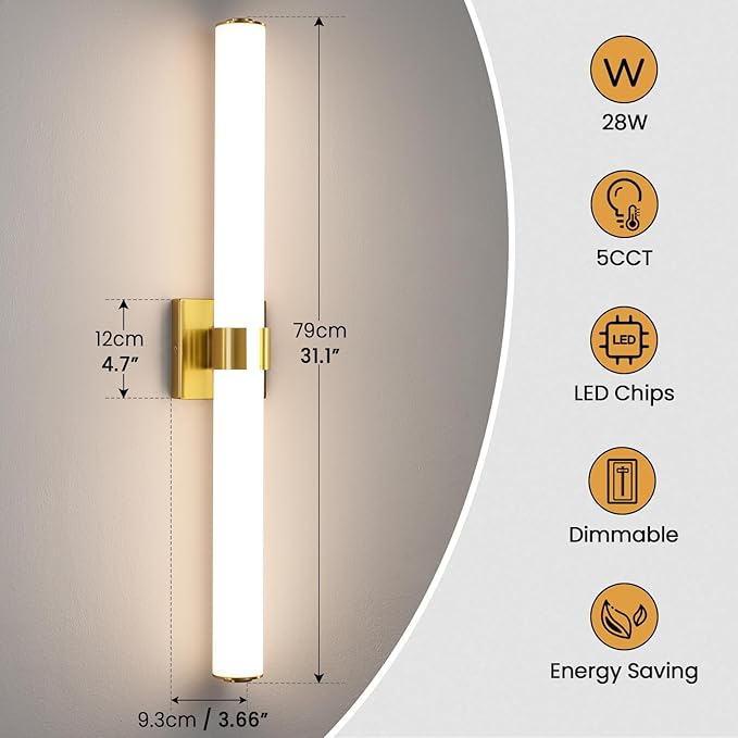 AIJIASI Gold Bathroom Light Fixtures Over Mirror - 31inch Vanity Light Fixture 28W 5CCT Dimmable LED Bathroom Sconce with Acrylic Shade Vanity Light Bar for Mirror Bedroom Living Room