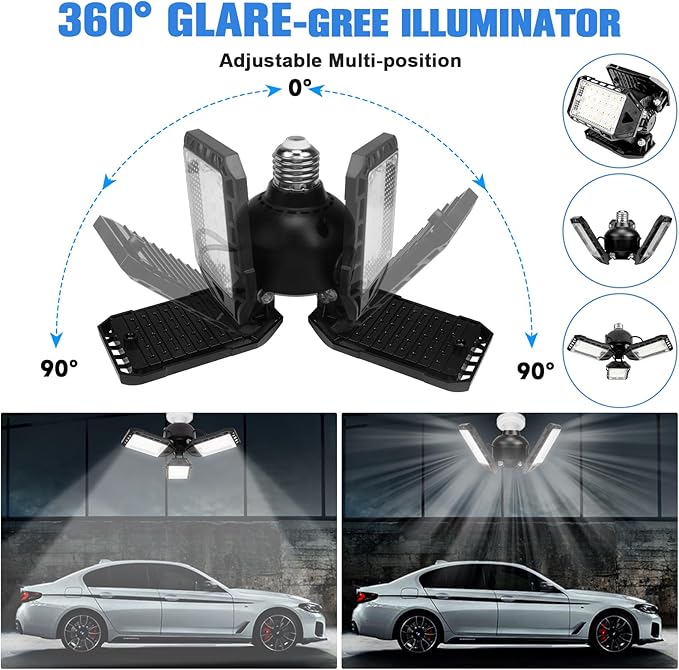 LED Garage Lights Bulb 1 Pack -80W, 8000LM 6500K Led Shop Light with 3 Deformable Panels, Basement Barn Light Garage Ceiling Lights, E26/E27 for Garage, Warehouse, Shop, Basement