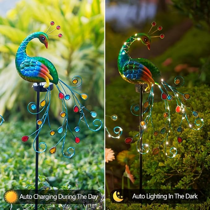 DREAMSOUL 2 Pack Peacock Solar Lights Outdoor, Tall Waterproof LED Outdoor Solar Lights for Yard Pathway Peacock Decor