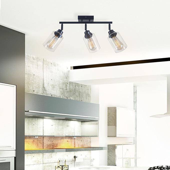 Modern 3-Light Track Lighting Fixtures Ceiling, Light Fixtures Ceiling Mount with Clear Glass Shades, Matte Black Kitchen Ceiling Light Fixtures for Bedroom, Living Room & E26 Base