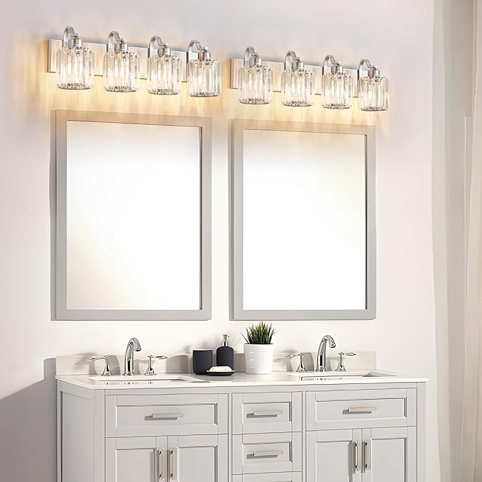 4 Lights Brushed Nickel Vanity Light Crystal Wall Light Bathroom Light Fixtures with Round Shade (Exclude Bulb)