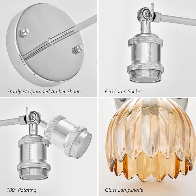 Vintage Battery Operated Wall Sconce, Amber Tulip Glass Lampshade Wireless Rechargeable Battery Powered LED Wall Light with Remote Dimmable for Bedside Bedroom Living Room, Silver, Set of 2