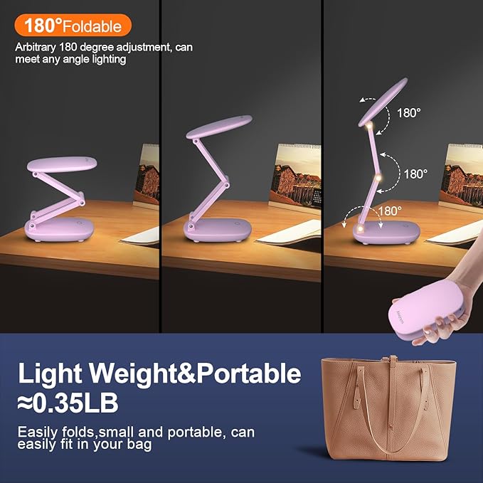 Akejrym LED Desk Lamp for Office Home & Battery Operated Lamp Rechargeable Lamp Foldable & Portable Light, [2-Fold Bracket] 3 Brightness Dimmable Small Desk Lamp Wireless Reading Lamp (Pink)