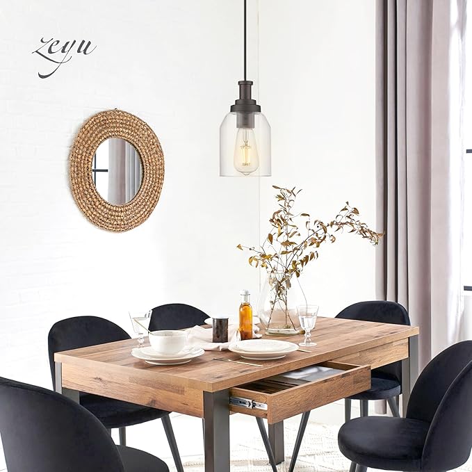 zeyu 2 Pack Farmhouse Pendant Light Fixtures, Industrial Hanging Light for Kitchen Island, Clear Glass Shade, Oil Rubbed Bronze Finish, ZG33M1L-2 ORB