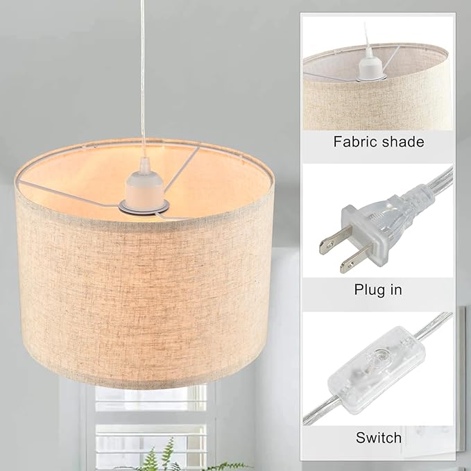 2 Pack Plug in Pendant Light, Hanging Light with 15Ft Clear Cord, On/Off Switch, Beige Linen Fabric Lamp Shade, Hanging Light Fixture for Bedroom, Kitchen, Living Room, Dining Table