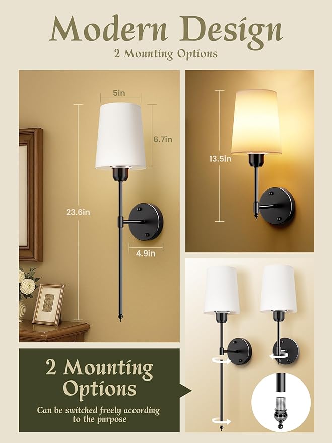 Wall Sconces Set of 2 Battery Operated, Black Wall Lights with Rechargeable Magnetic Bulbs and Remote, Dimmable & 15 RGB Cordless Wall Lamps for Bedroom Living Room Hallway, 23 Inch
