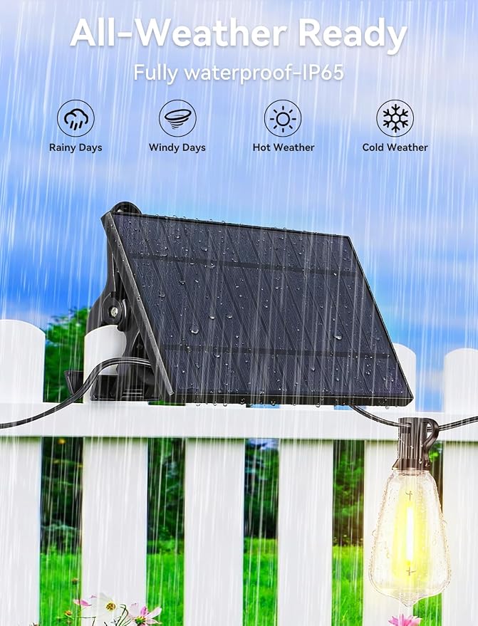 Brightever 60FT Solar String Lights Outdoor Waterproof, Patio Lights Solar Powered with Remote, 25+1 Shatterproof ST38 LED Bulbs 3 Lighting Modes, Dimmable Solar Lights for House, Market, Bistro